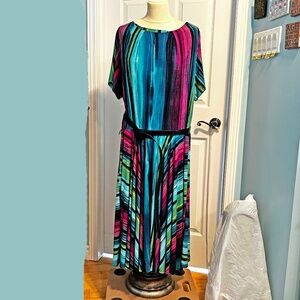 DRESS WITH FULL SKIRT, BLUE MULTICOLOUR, SIZE 3X, STRETCH FABRIC, ROUND NECK,